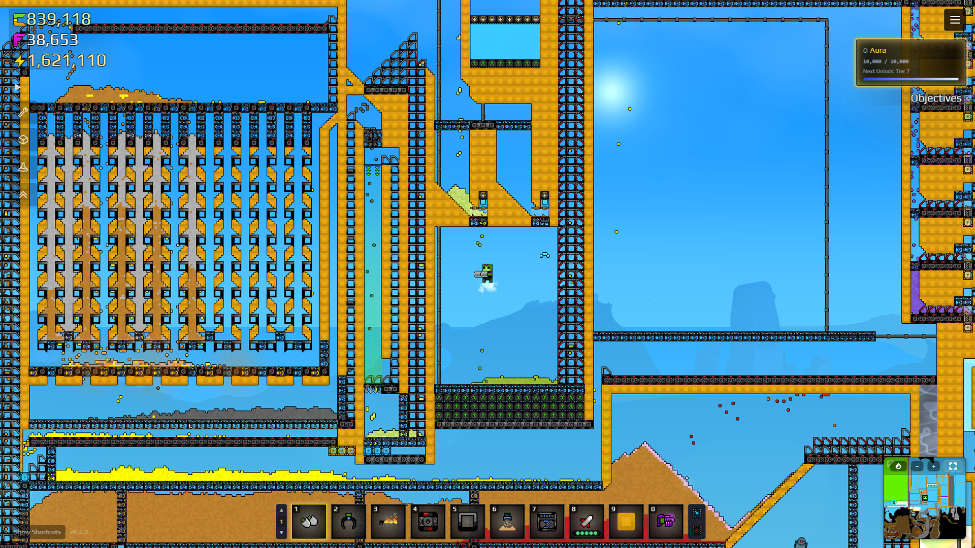 Official Sandustry screenshot showing a bright blue-sky factory with dense conveyor and processing structures